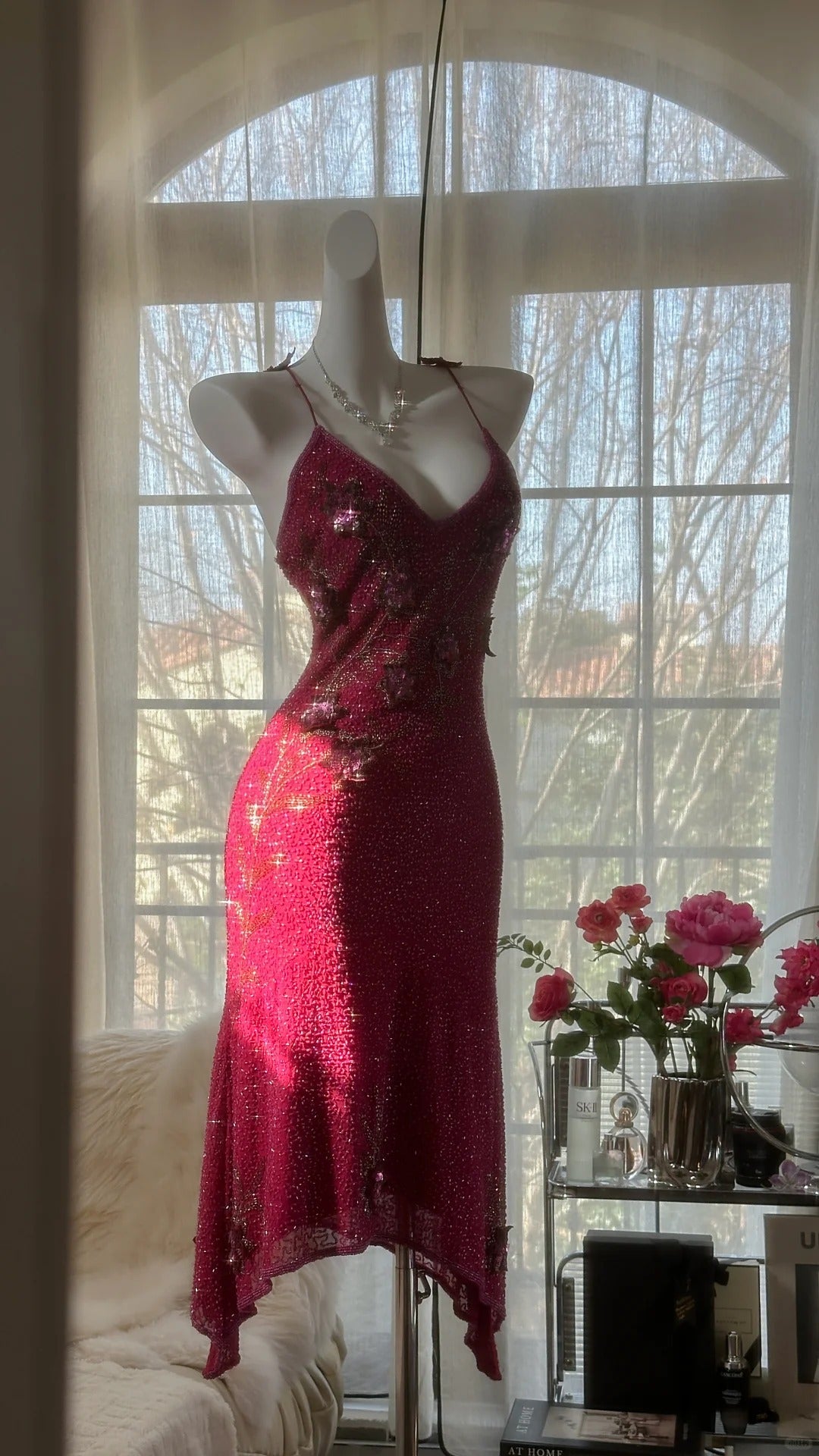 Rosa Wunderschönes Elegantes Romantisches Exquisites Perlenbesetztes Pailletten Midi/Kurzes Chiffon Ballkleid Abendkleid Geburtstags-/Hochzeitsgast-Partykleid Ballkleid gh4019