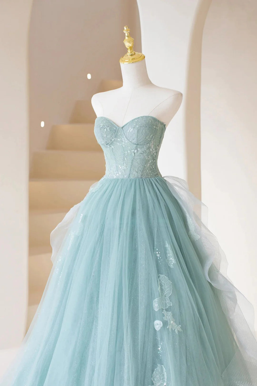Grüne Spitze Tüll A-Linie Langes formelles Kleid, Grünes trägerloses Abendkleid gh2581