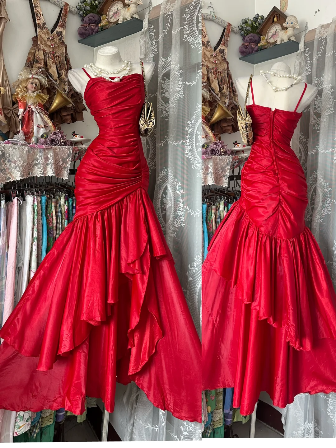 Red Spaghetti Strap Waist Slim Retro Long Ball Gown Evening Dress gh7115