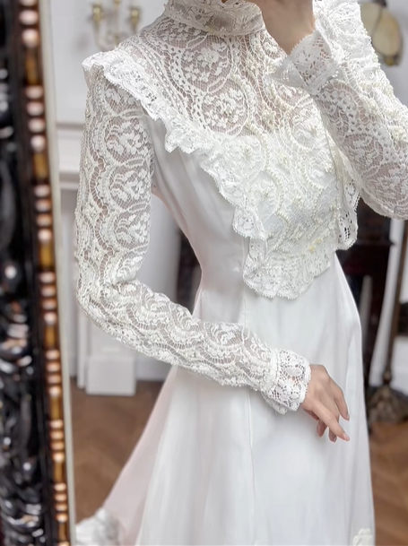 Ivory Vintage High‑Neck Lace Satin Wedding Dress, Long Sleeve Bridal Gown gh8747