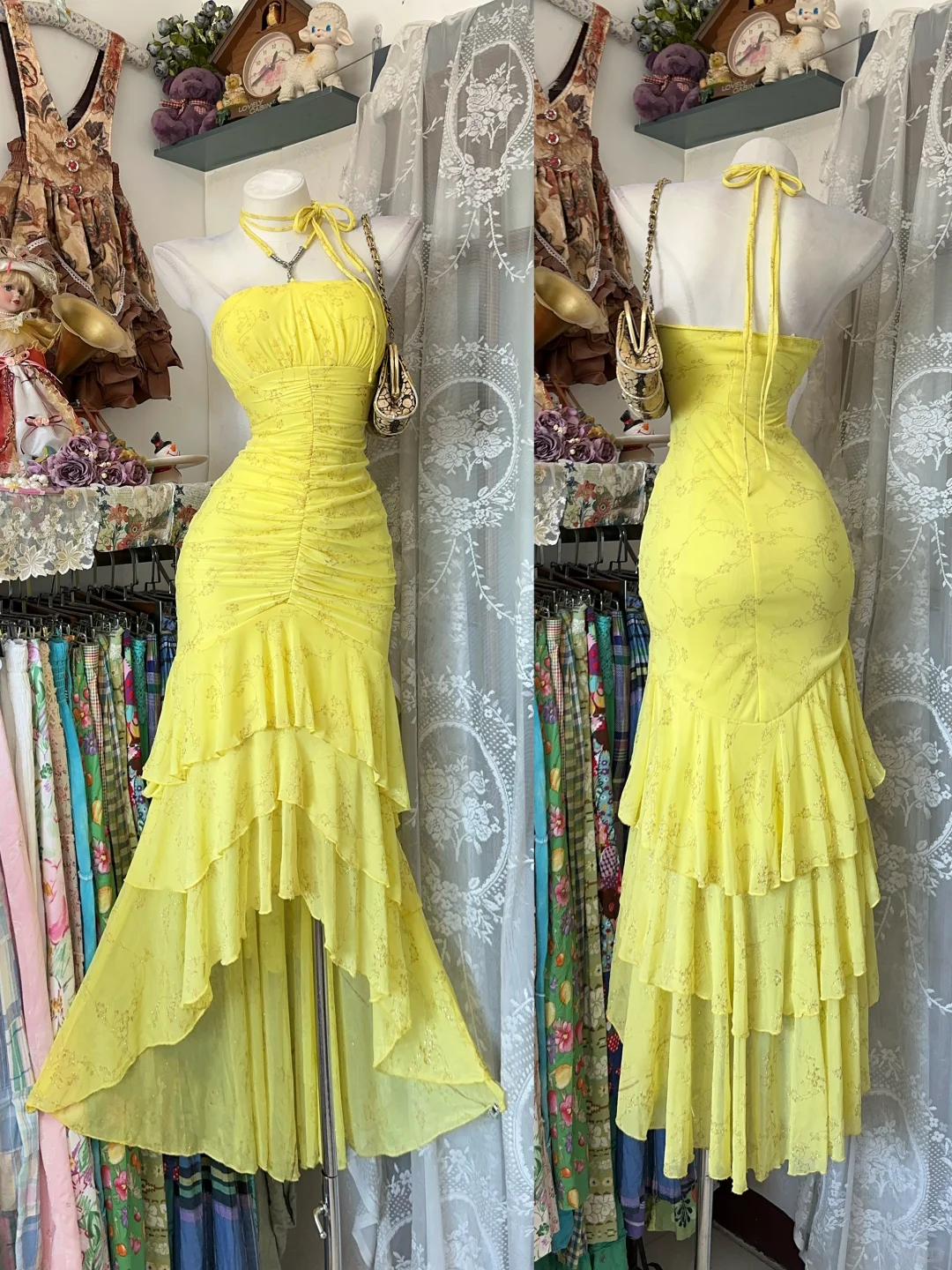 Sexy Long Light Yellow Vintage Halter Fitted Waist Slim Bodycon Prom & Evening Party Dress gh8481