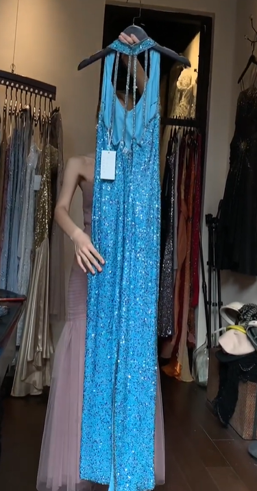 Halter Lake Blue Sequin Prom Dress V Neck Back Strappy Cutout Sheath Formal Evening Gown gh9817