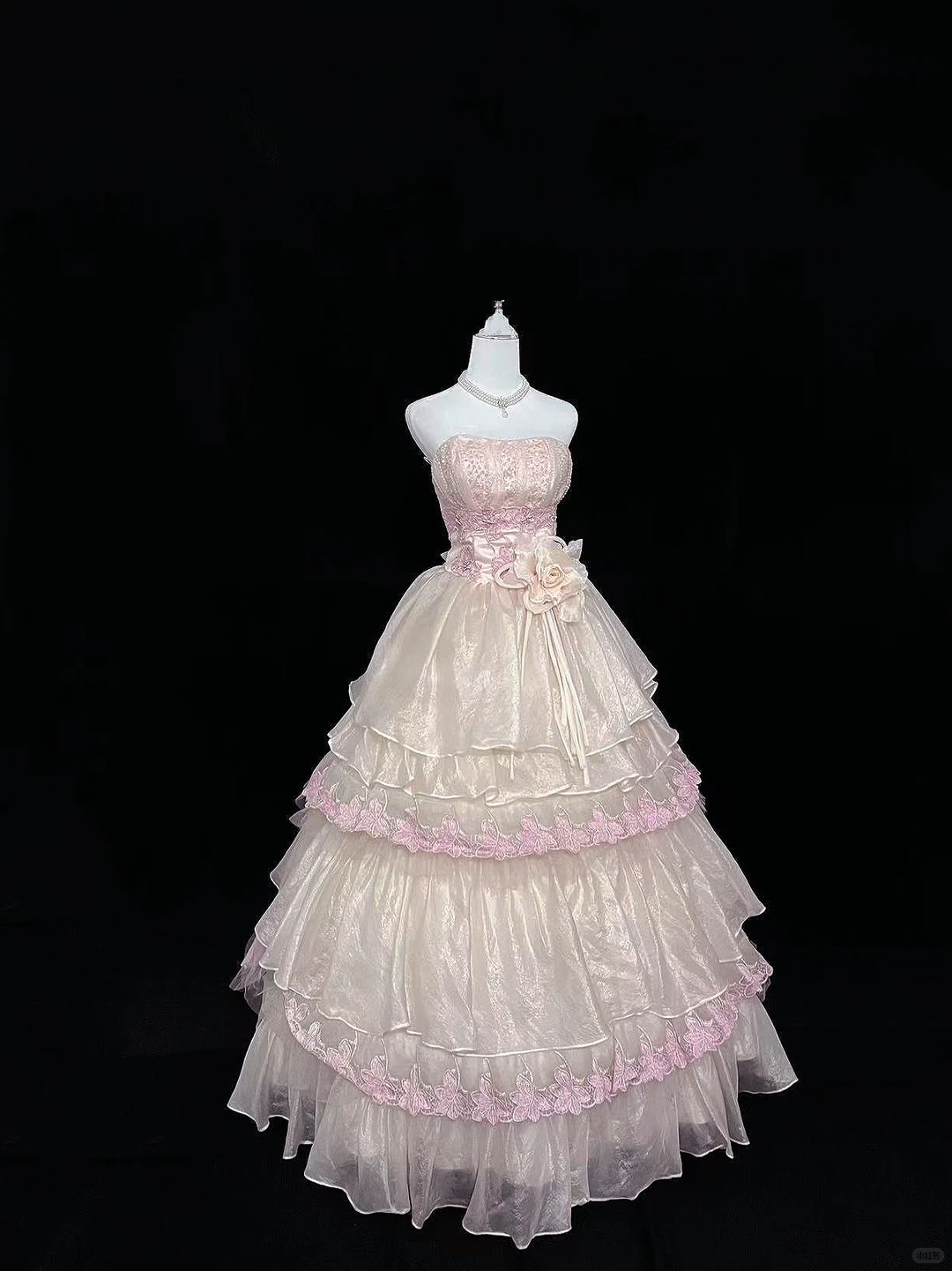 Blush Pink Strapless Embroidered Cinched Waist Girly Voluminous Skirt Long Romantic Dress, Wedding Gown gh7976