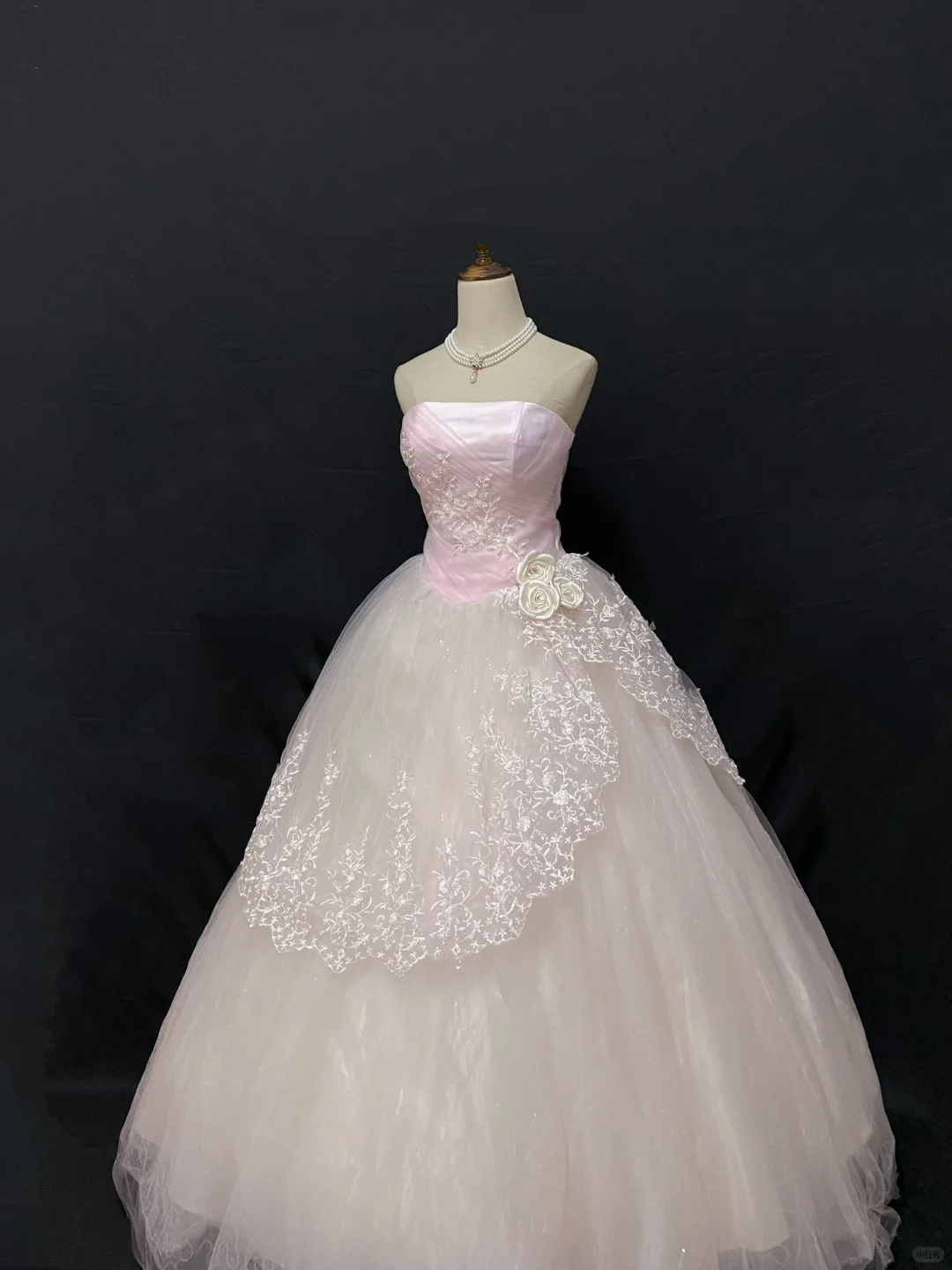 Blush Pink Strapless Long Romantic Gown with Fitted Waist, Lace Trim & Voluminous Skirt, Wedding Dress & Bridal Gown gh8196
