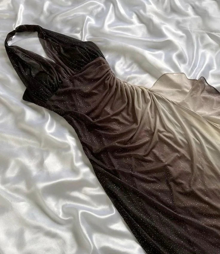 Braun glänzend Gradient Mode elegante Strap lange Chiffon Rüschen Ballkleid Abendkleid Partykleid gh3394