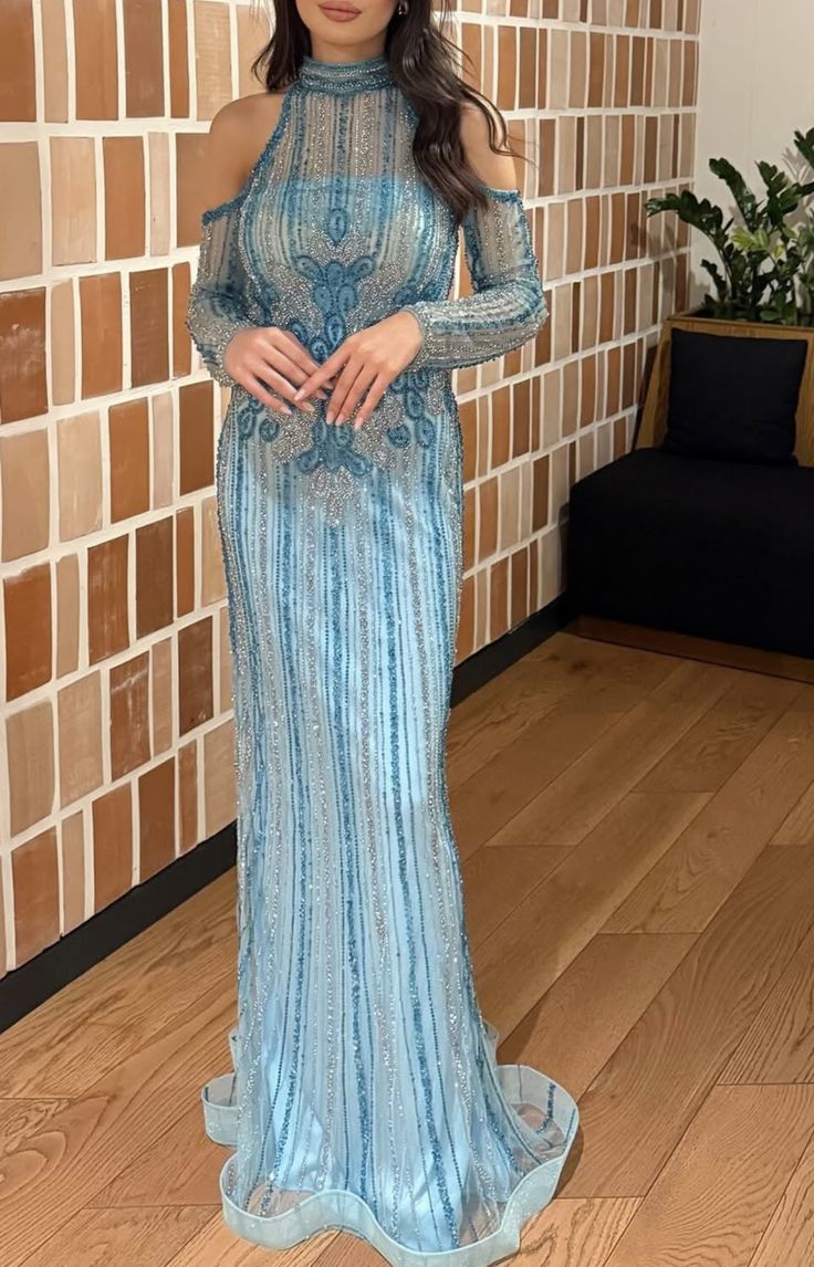 girlhomeshops - Robe de bal longue élégante bleue à épaules dénudées gh6259