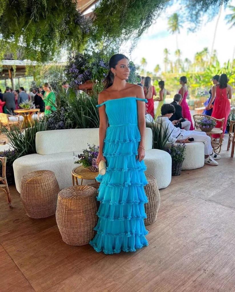 Blaues, modisches, elegantes, schulterfreies A-Linien-Kleid mit Stufendesign und langem Chiffon-Ballkleid, Abendkleid für Hochzeitsgäste, Partykleid gh3075