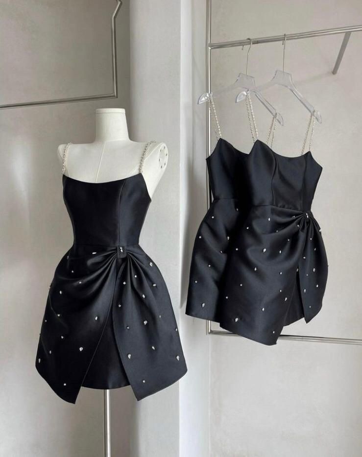 Robe de bal courte en satin noir à perles, robe d'anniversaire, gh4927