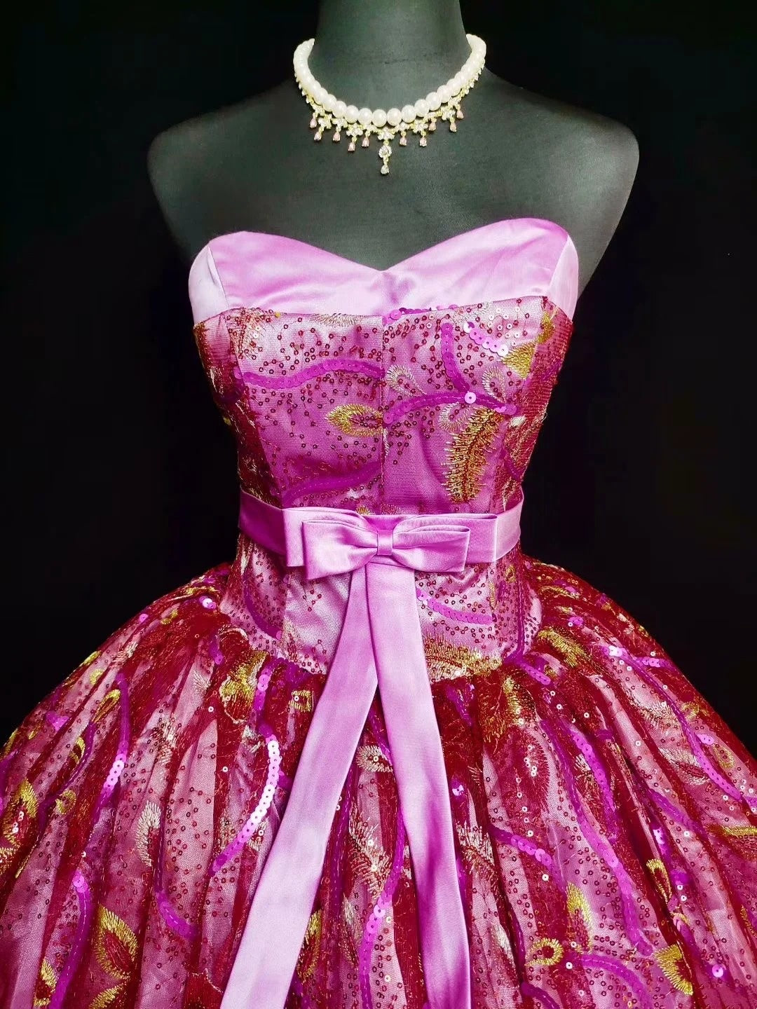 girlhomeshops-Pinkes, zartes, perlenbesetztes, langes Tüll-Ballkleid gh6290