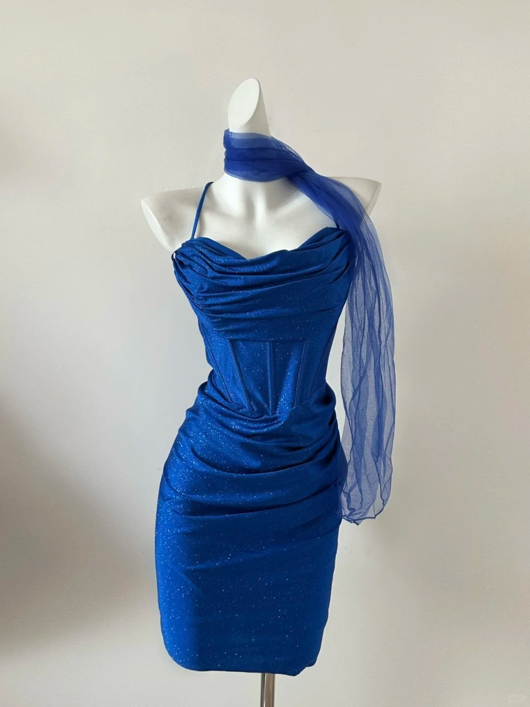 Robe de soirée courte en satin bleu scintillant, robe de bal, robe de soirée, gh4479