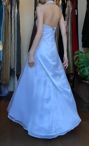 White Vintage Prom Dress Halter Deep V Rhinestone Accent Asymmetric Layered Tulle A-Line Long Evening Gown gh9629