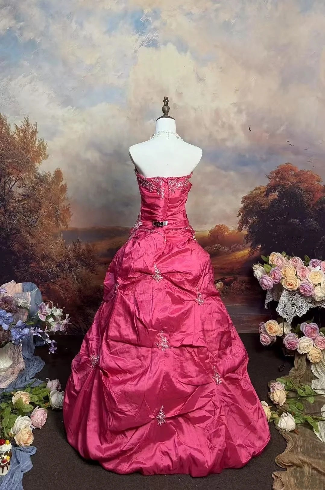 girlhomeshops - Robe de bal longue en satin rose à fleurs délicates gh6293