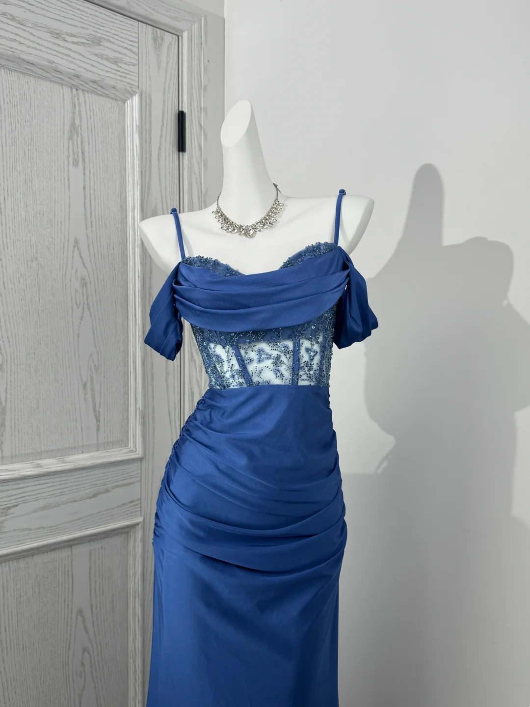 Light Blue Spaghetti Strap Off-the-Shoulder Cinched Waist Sexy Prom Dress, Evening Gown gh7217