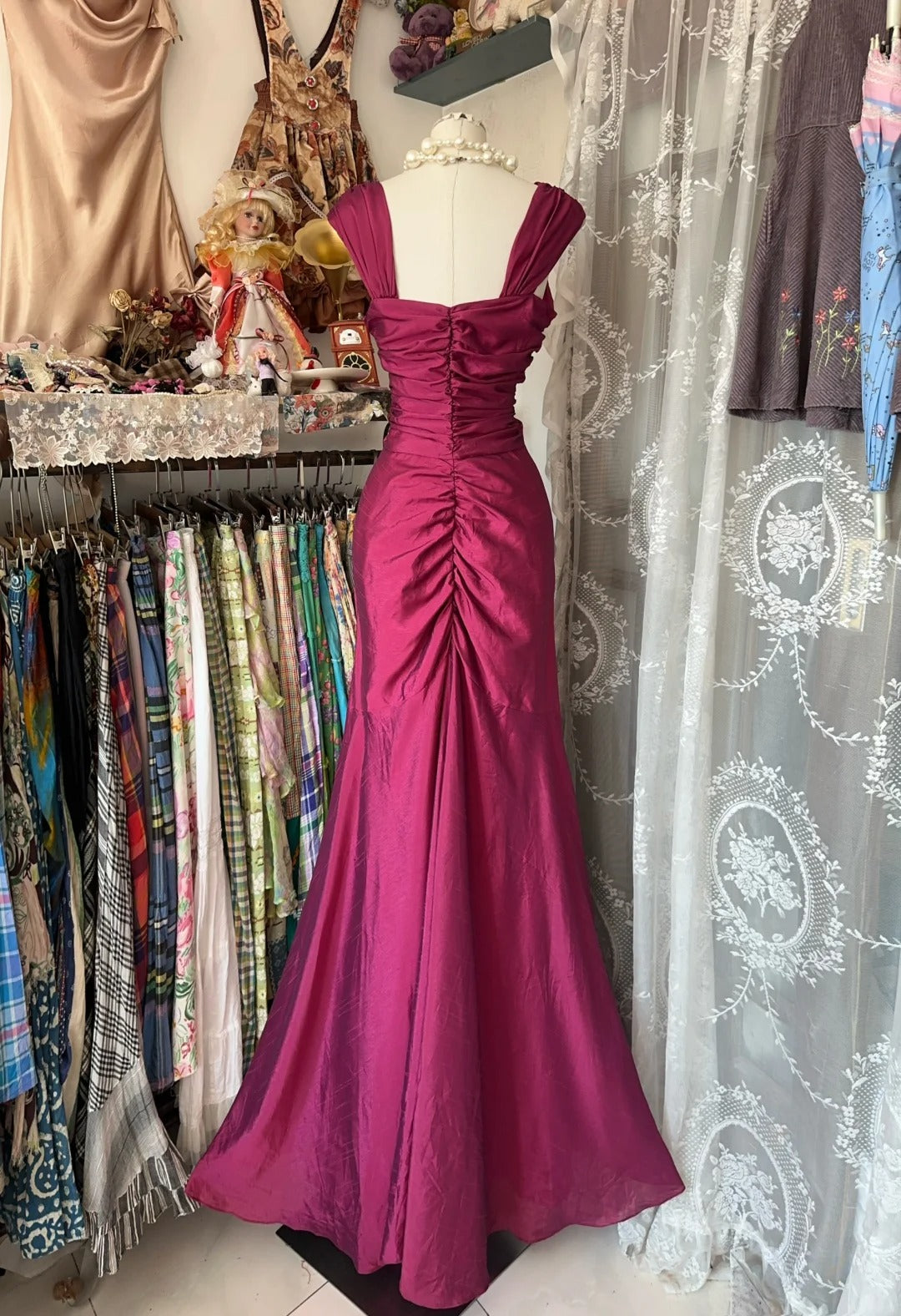 Pink Vintage Elegant Long Satin Mermaid Slim Evening Dress Party Dress Prom Dress gh4274