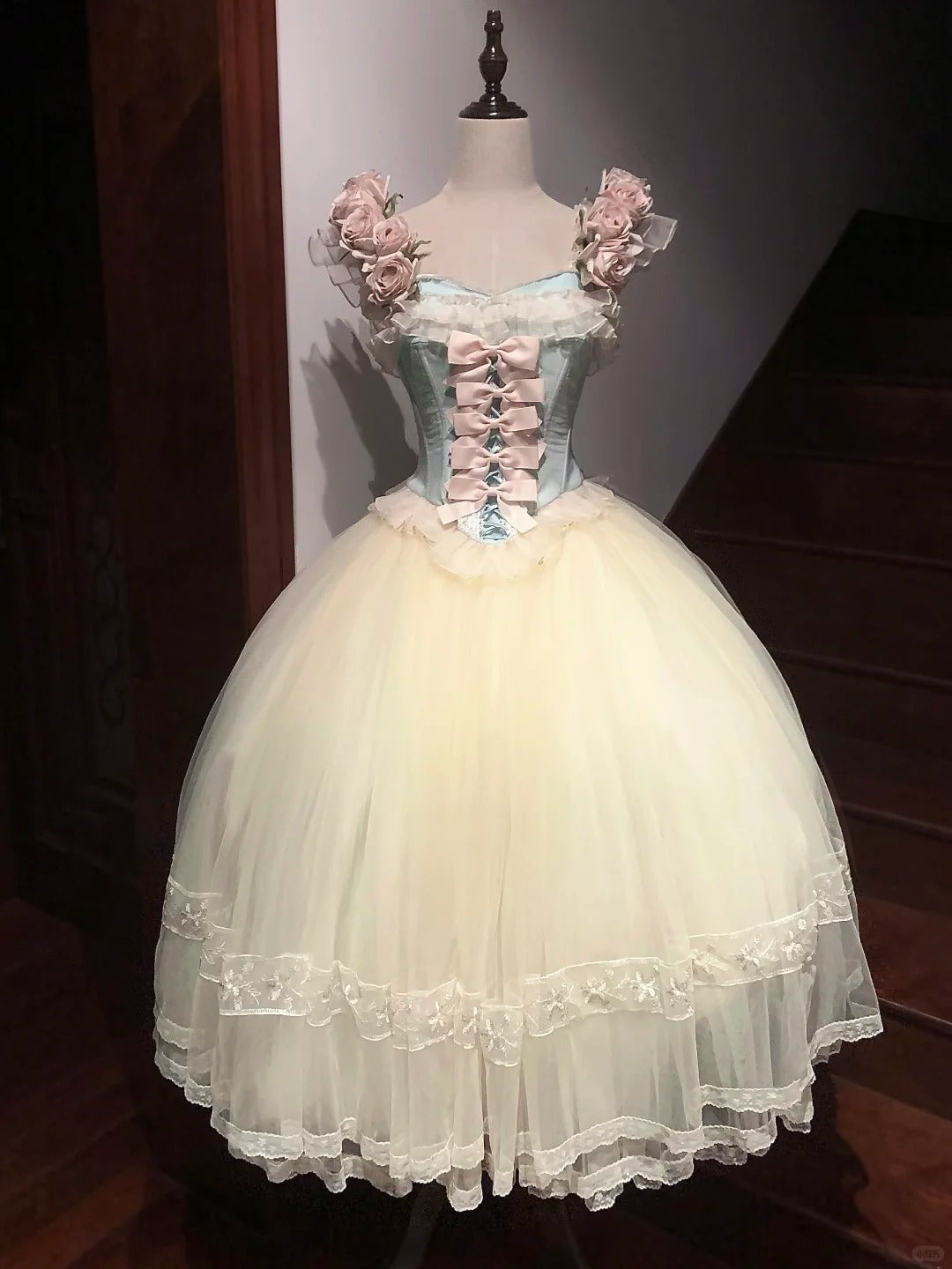 Robe de bal courte en tulle et dentelle à fleurs calla rose et blanc, style Lolita gh4383