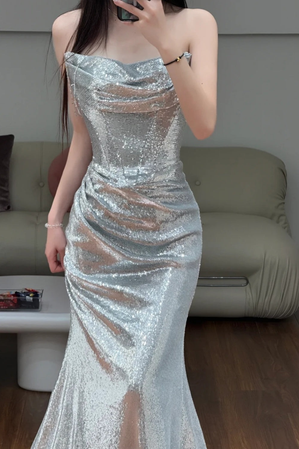 Robe de soirée sirène bustier argentée à sequins, style luxueux et scintillant - Robe somptueuse pour dîner et tapis rouge gh6566