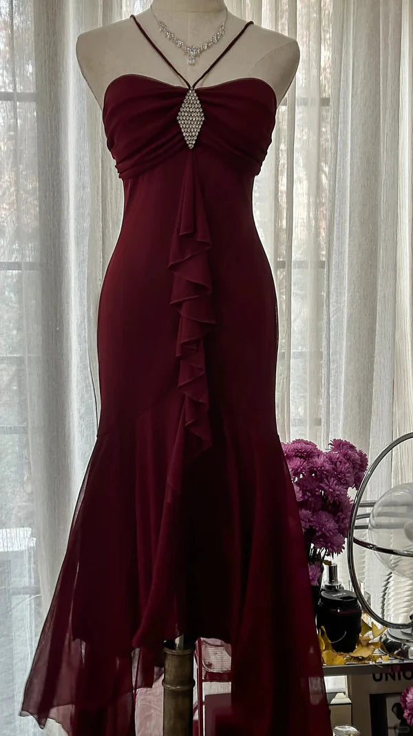 Burgunderrotes Vintage-Elegantes, exquisites, mit Edelsteinen besetztes, langes Chiffon-Abendkleid, ärmellos, Ballkleid, Partykleid für Geburtstage/Hochzeitsgäste, gh4101