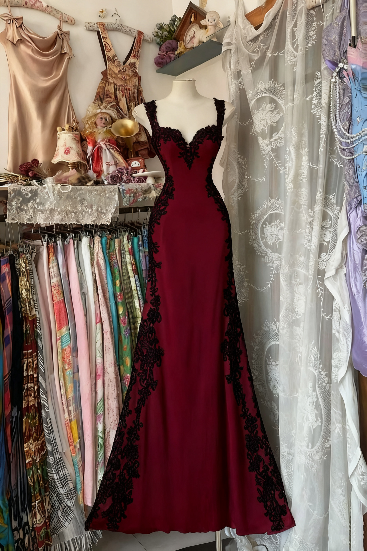 girlhomeshops-Retro Psychedelic Style Black Tulle & White Lace Spaghetti - Strap Maxi Long Birthday Fantasy Dress gh5883