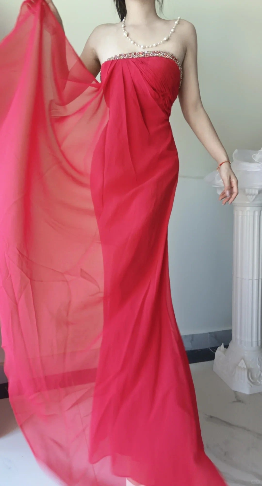 Rosa fließende Perlen elegante lange Chiffon Venus Ballkleid Abendkleid Partykleid gh4709