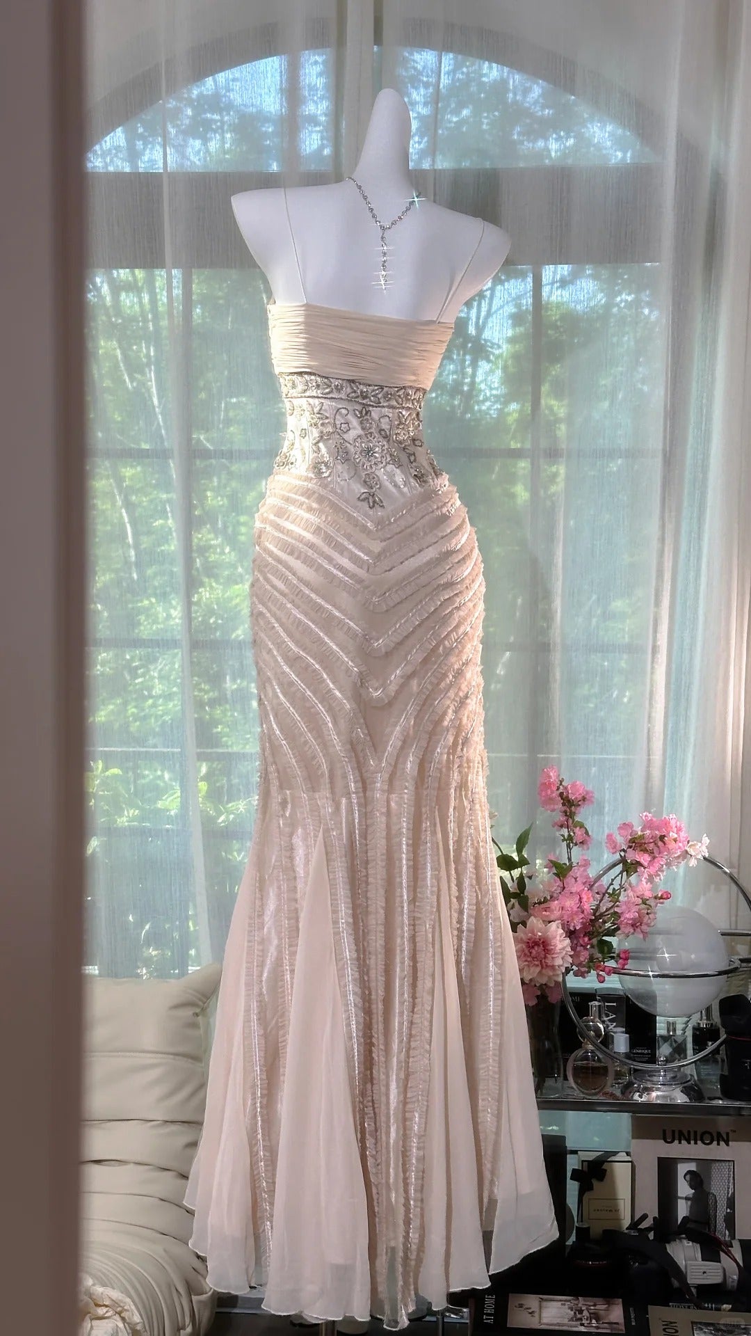 Girlhomeshops-Pink wunderschöne Perlen elegante lange Chiffon Ballkleid Abendkleid Partykleid gh5166
