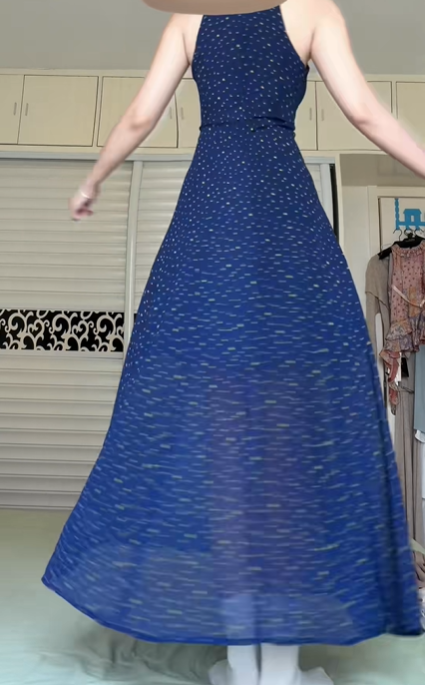 Navy Blue Polka‑Dot Halter Long Evening Dress, V‑Neck Ruffled Trim, Waist‑Defined A‑Line Maxi Dress With Front Slit gh8941