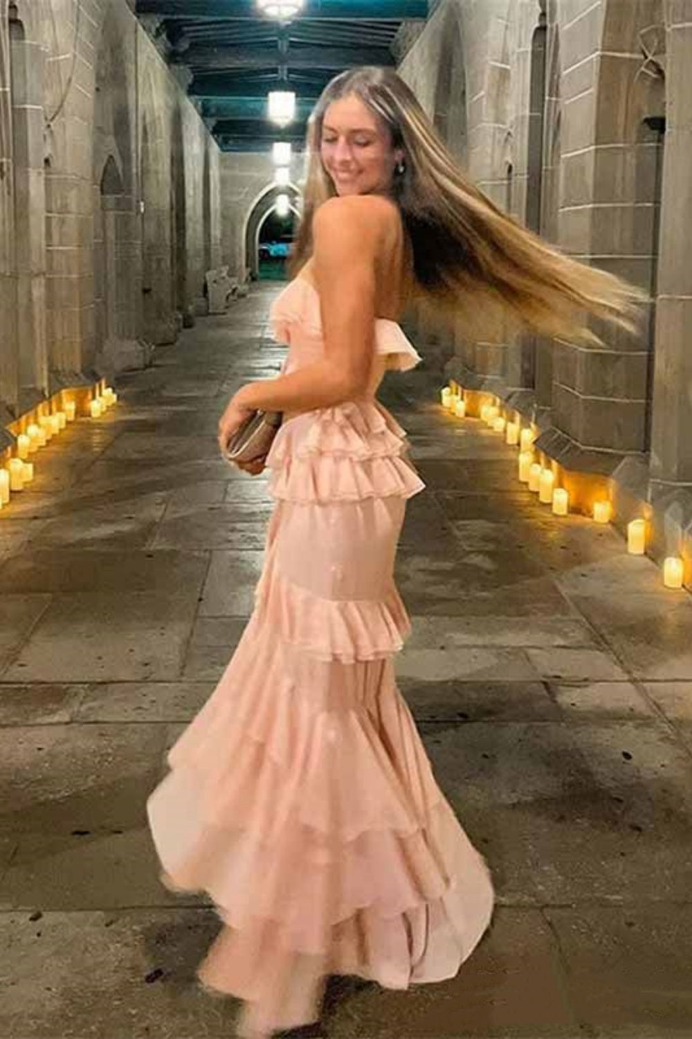 Rosa Chiffon Rüschen Langes Fließendes Elegantes Abendkleid Hochzeitsgast Partykleid Urlaubspartykleid gh3138