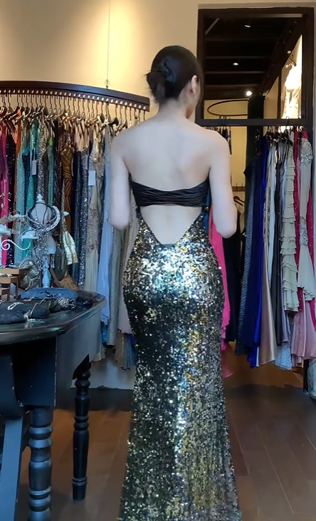 Strapless Two Tone Black Gold Evening Gown Ruched Satin Gold Sequin Mermaid Long Prom Dress gh9682