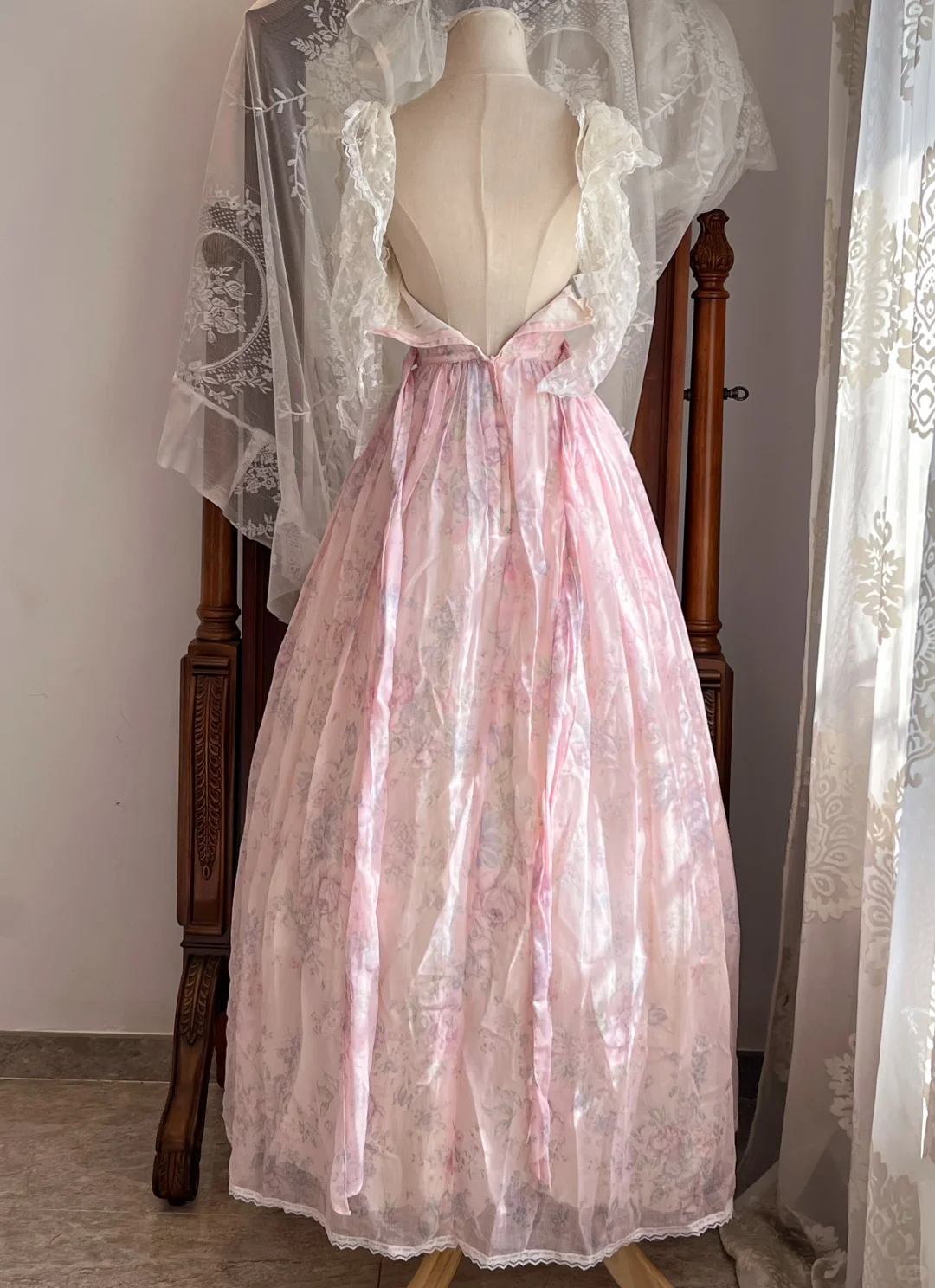Light Pink Floral Vintage Long Gown, Off Shoulder Lace A-Line Party Dress gh9314