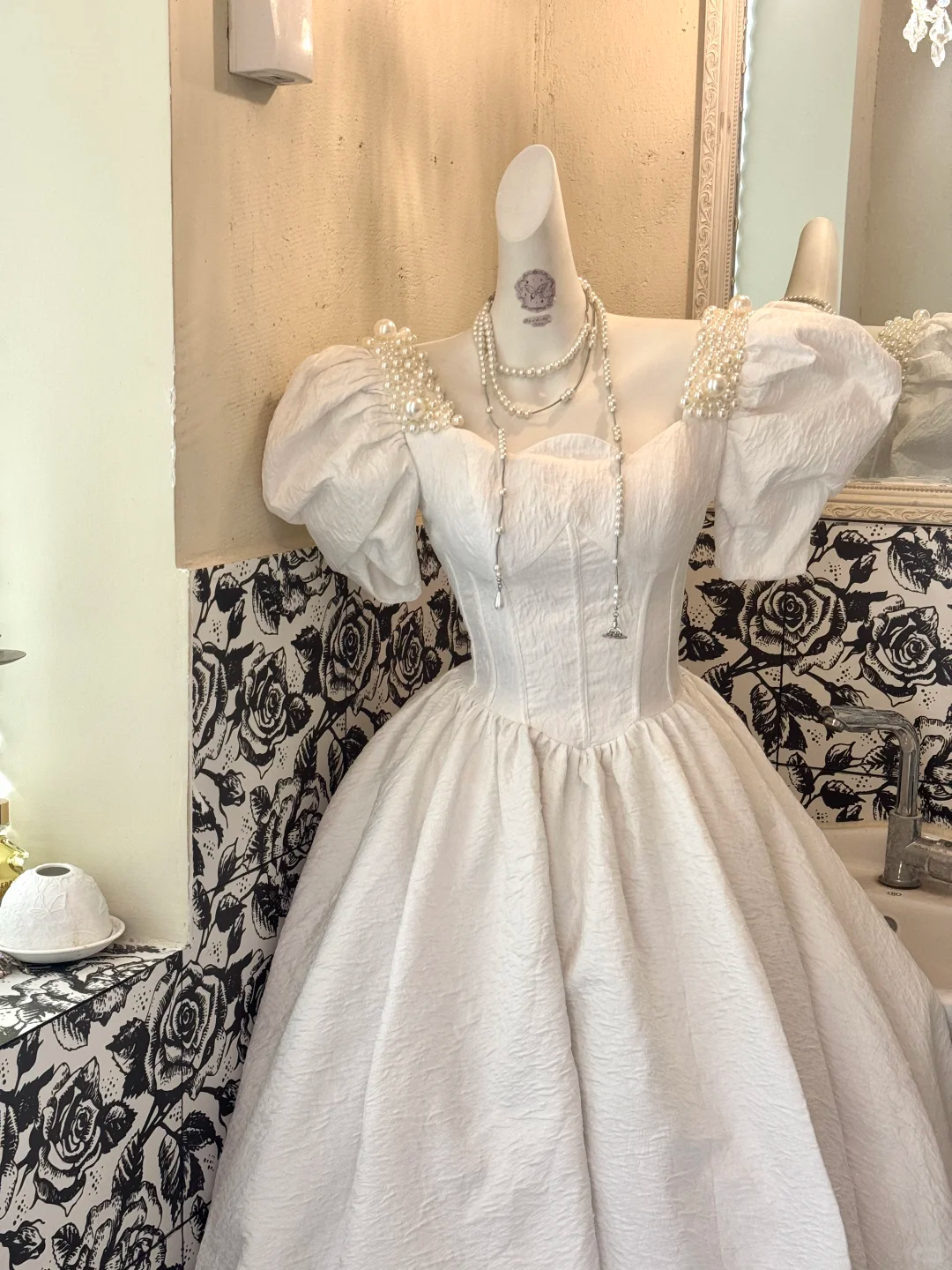 White Puff Sleeve Beaded Waist-Cinched Full Flared Long Vintage Romantic Dress, Wedding Gown gh7517