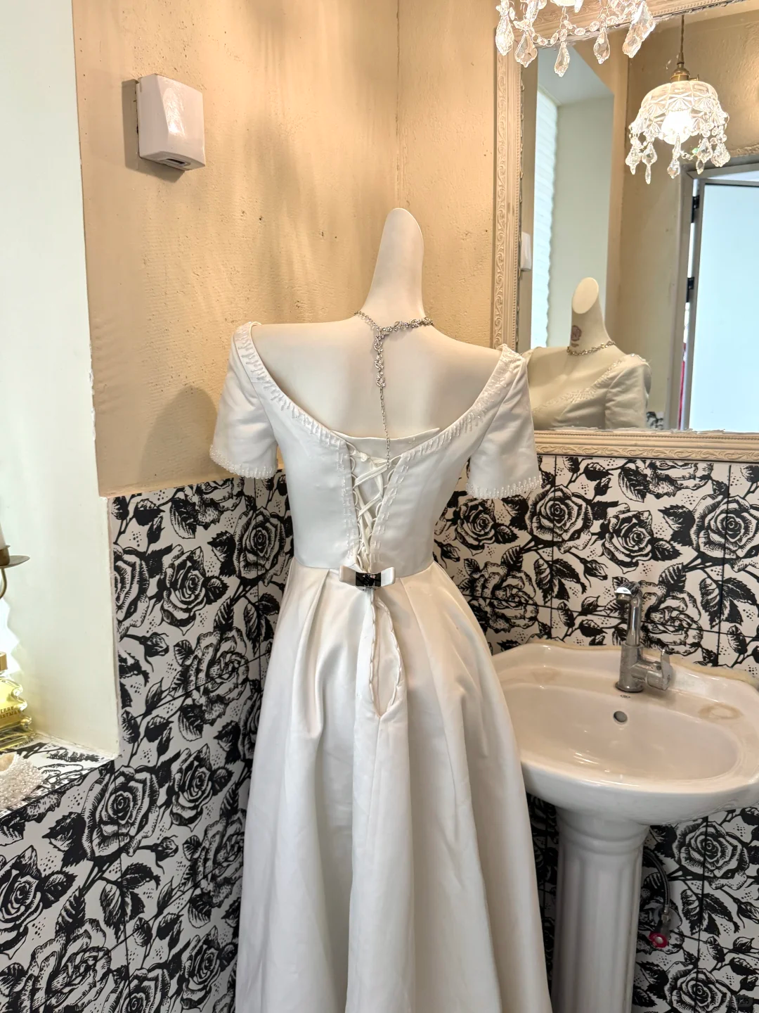 White Satin High Waist Fitted Slimming Full Flared Skirt Romantic Dress, Wedding Gown gh7601