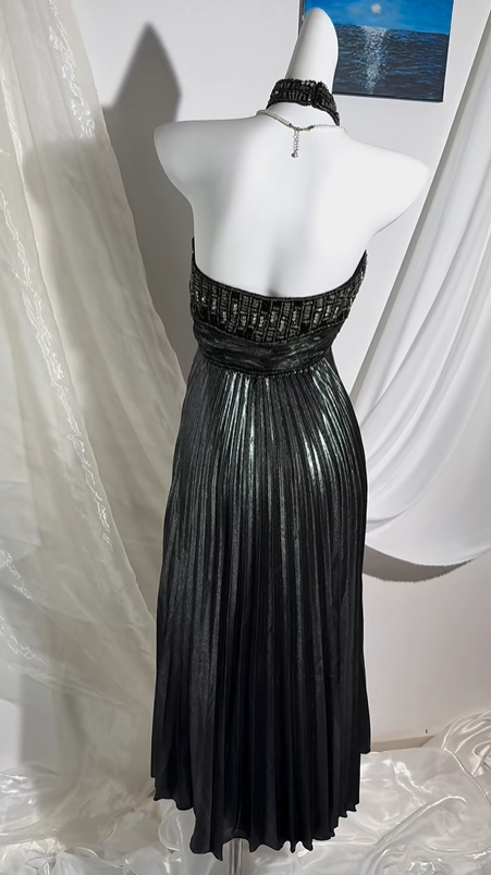 Sexy Vintage Black Gray Spaghetti Strap Prom & Evening Party Dress, Beaded Details, High Waist Silhouette gh8568