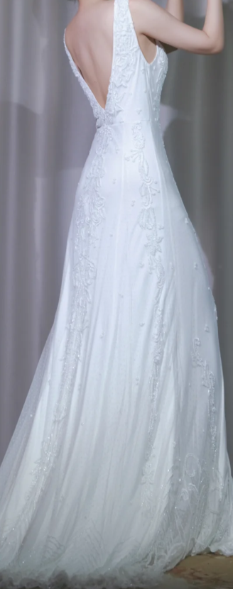 ✨Girlhomeshops-Lace Beaded Mermaid Wedding Dress White V Neck Sleeveless Bridal Gown gh9958