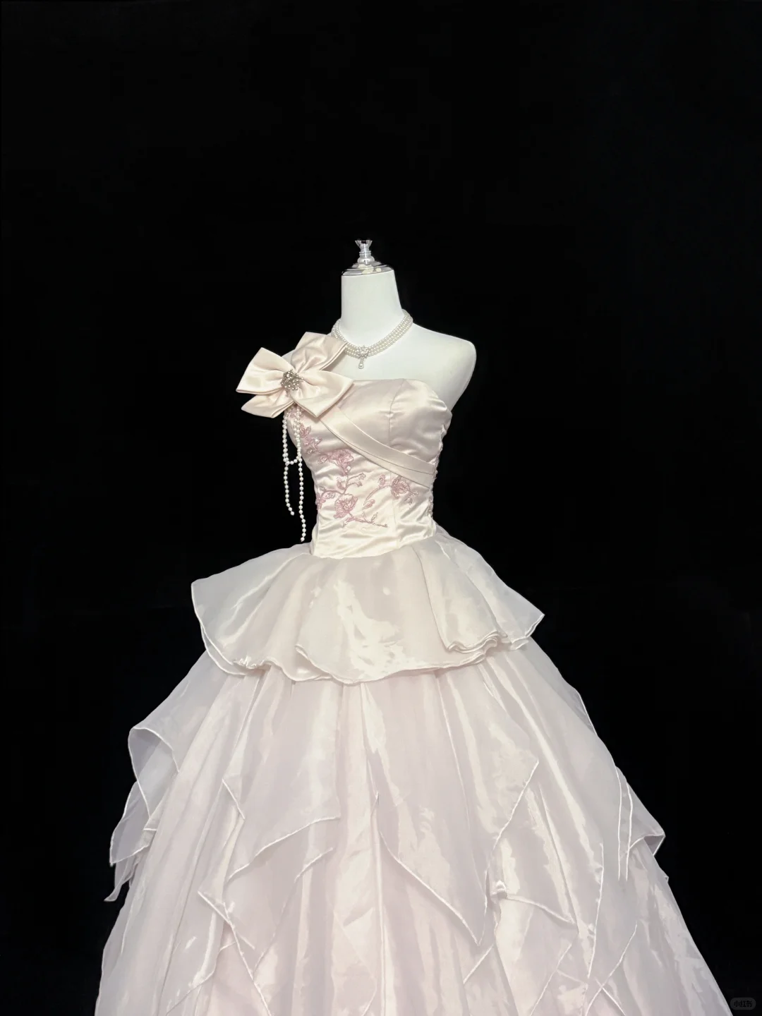Blush Pink Satin Strapless Cinched Waist Multi-Layer Voluminous Skirt Long Romantic Dress, Wedding Gown gh7855