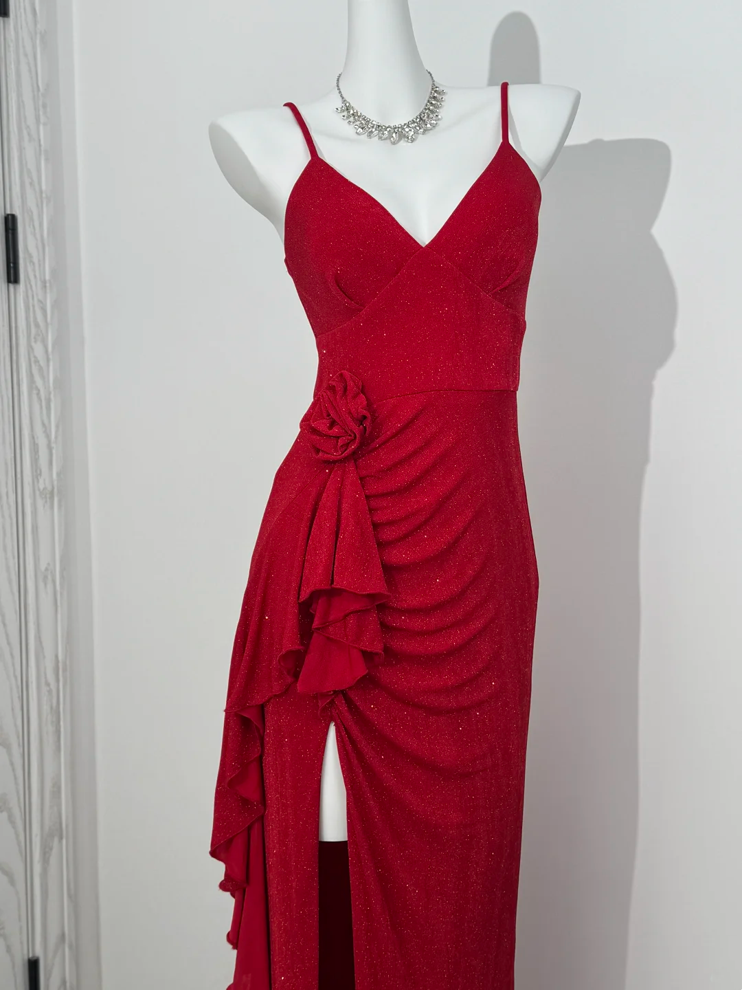 Red Spaghetti Strap Waist-Cinched Bodycon High Slit Sexy Prom & Evening Gown gh7219