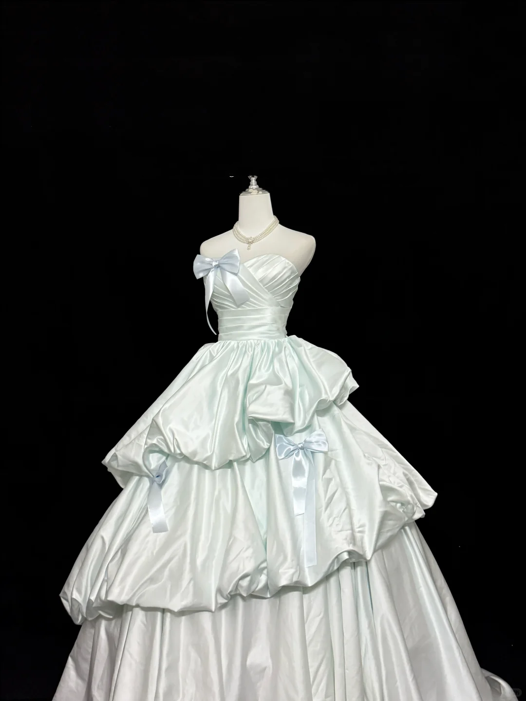 Sage Green Satin Premium Strapless Cinched Waist Voluminous Skirt Long Romantic Dress, Wedding Gown gh7856