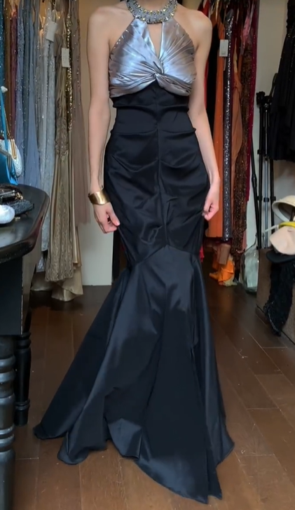 Halter Keyhole Neck Silver Black Two-Tone Satin Ruched Mermaid Long Evening Prom Dress gh9798