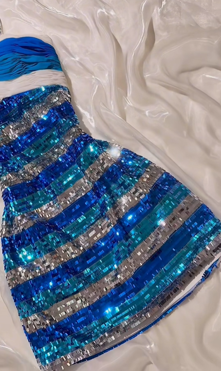 Sexy Vintage Blue Halter Prom & Evening Party Dress, Striped Sequin, Fitted Waist Slim Silhouette gh8533