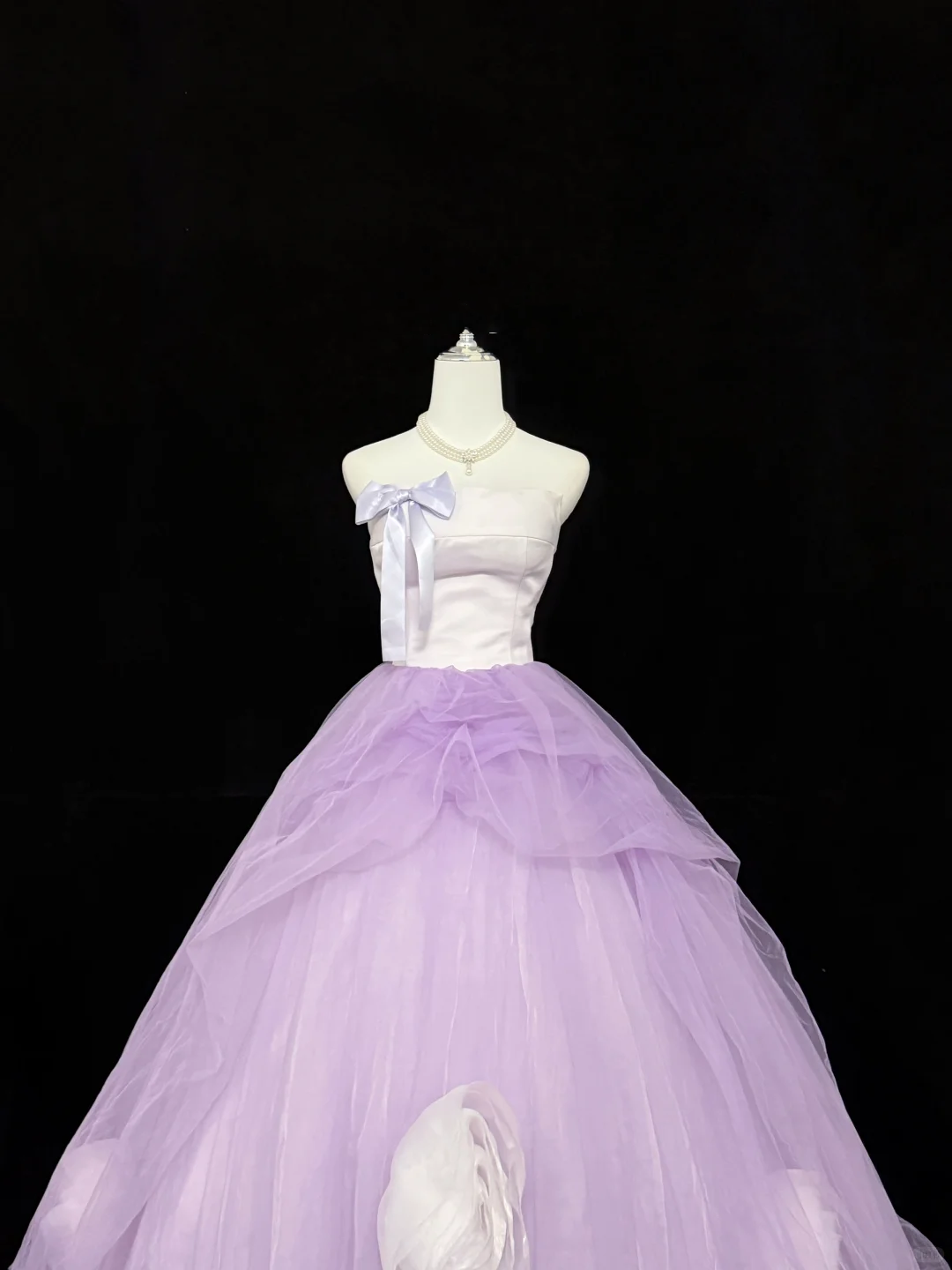 White Satin Strapless Cinched Waist Lavender Voluminous Skirt Romantic Dress, Wedding Gown gh7857