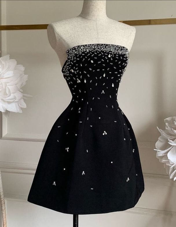 Schwarzes kurzes Heimkehrkleid mit Strasssteinen, Ballkleid, Geburtstagskleid, gh4926