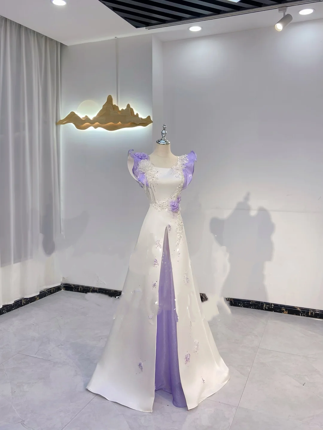 Light Purple Gradient Spliced White Waist-Cinched Fitted Elegant Evening Dress, Fairy Gown, Romantic Gown gh7412