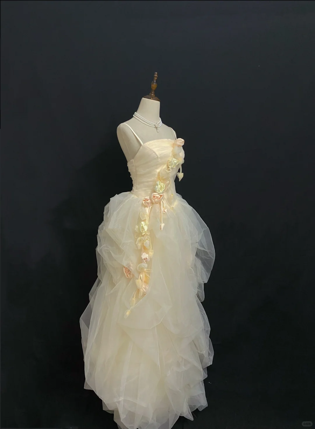 Pale Yellow Spaghetti Strap Long Elegant Romantic Gown, Cinched Waist With Vintage Rose Details, Wedding Dress & Bridal Gown gh8295