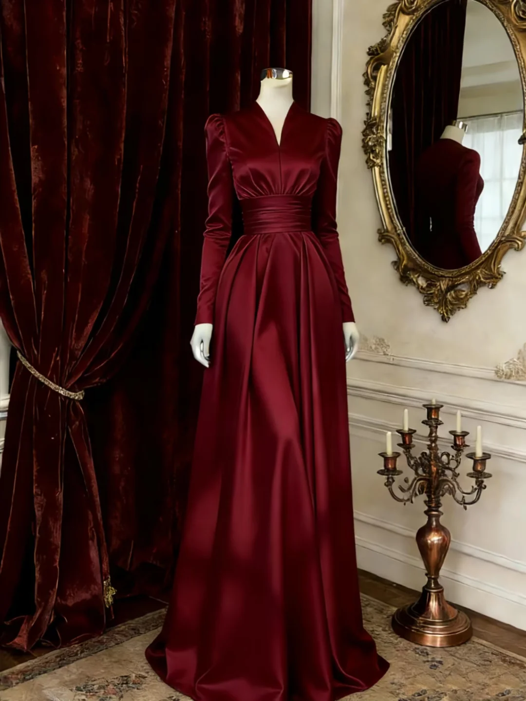Luxury V-Neck Long Sleeve Waist-Cinched Fitted Full Flared Long Evening Dress, Fairy Gown, Romantic Gown gh7492