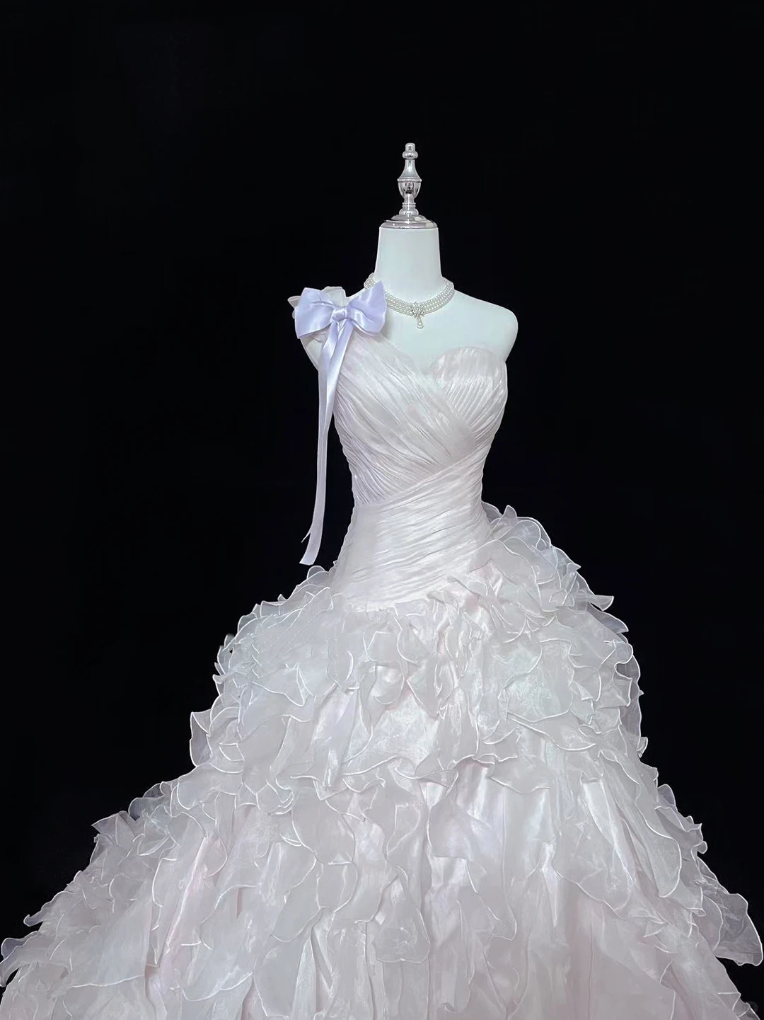 Blush Pink One-Shoulder Cinched Waist Voluminous Tiered Skirt Long Vintage Romantic Dress, Wedding Gown gh7986