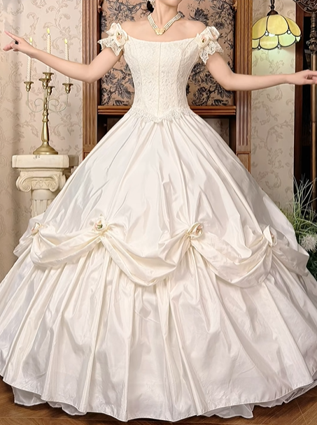 Off‑White Off‑the‑Shoulder Fitted Waist Lace Figure‑Flattering Elegant Voluminous Princess Skirt Long Prom Gown, Wedding Dress gh8602