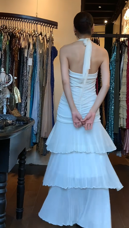 Halter V Neck White Evening Gown Beaded Rhinestone Tiered Ruffle Asymmetric Long Prom Dress gh9696