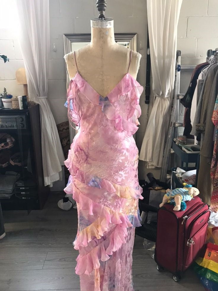 Verträumtes, elegantes Spaghettiträger-Maxikleid mit Rüschen in Rosa, langes Chiffon-Abendkleid, Ballkleid gh2905