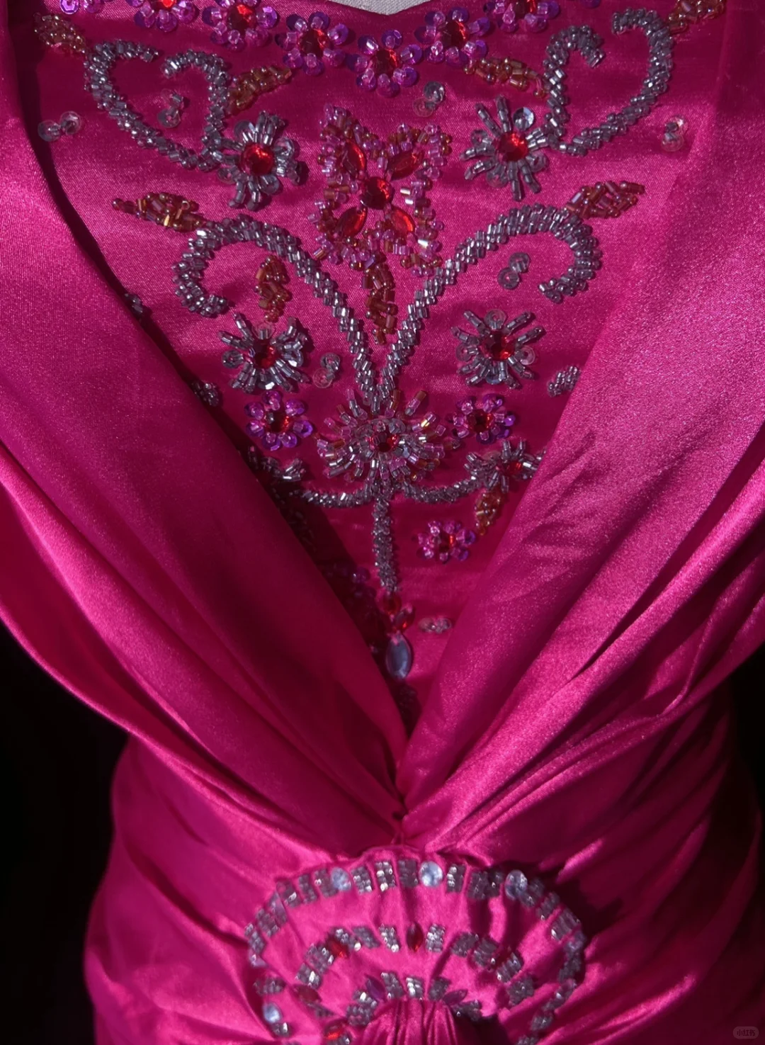 Fuchsia Satin Prom Dress V Neck Ruched Bodice Rhinestone Waist Long Sash Formal Gown with Ruffle Shrug gh9557