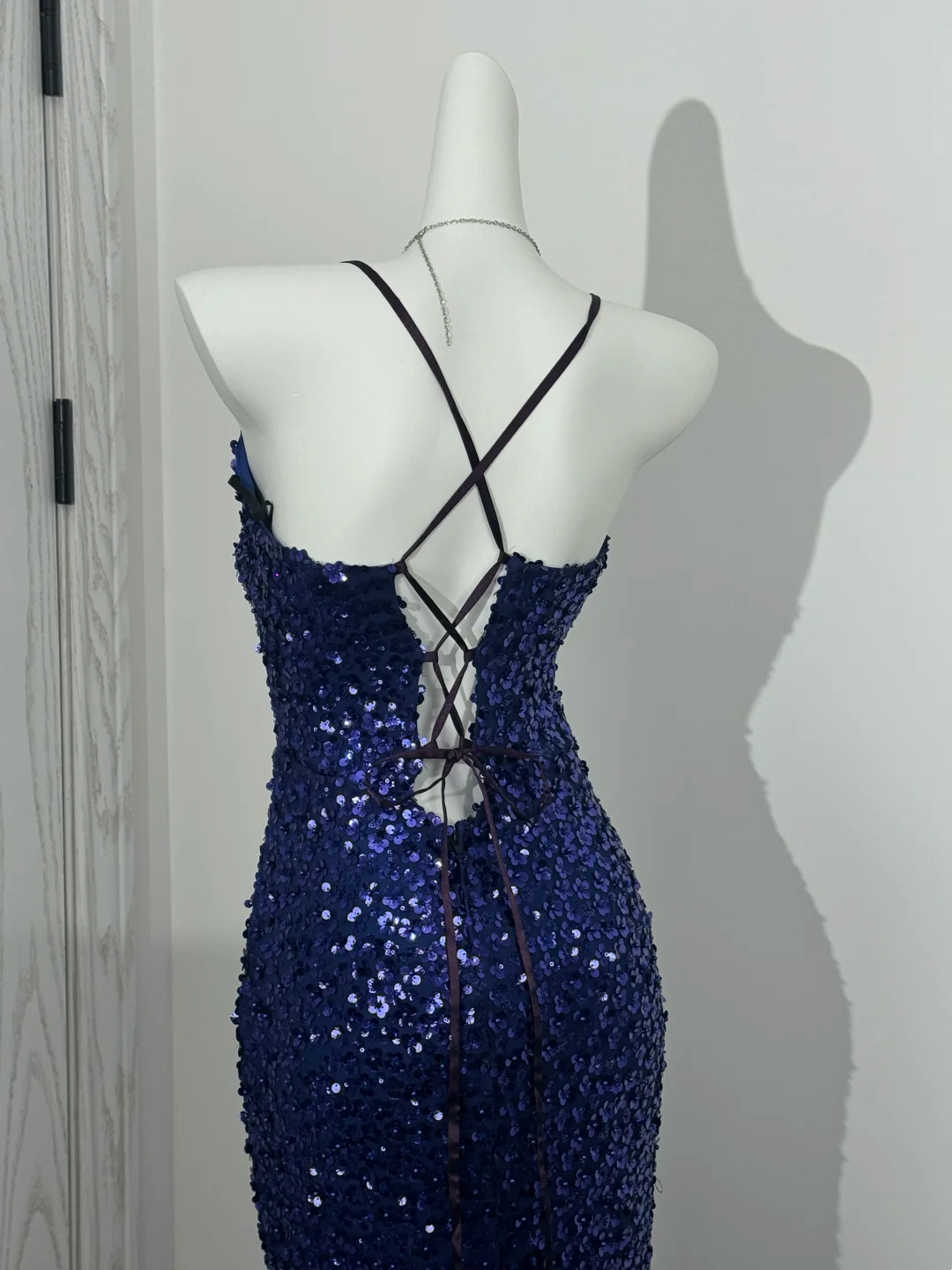 Navy Blue Spaghetti Strap Waist-Cinched Elegant Prom Dress, Evening Formal Gown gh7224