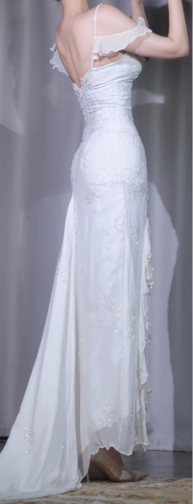 ✨Girlhomeshops-White Mermaid Bridal Gown V Neck Spaghetti Strap Off Shoulder Ruffle Floral Lace Sequin Wedding Dress gh10066