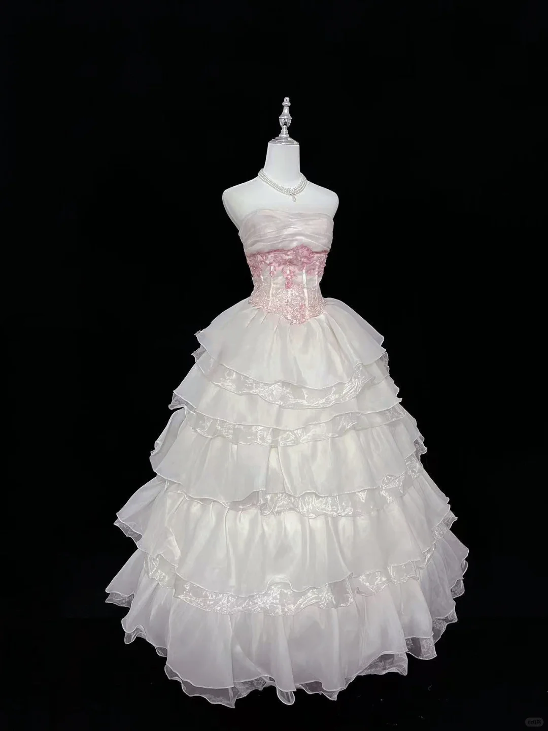 Light Pink Strapless Cinched Waist Voluminous Tiered Skirt Long Romantic Dress, Wedding Gown gh7950